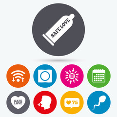 Safe sex love icons. Condom in package symbols.