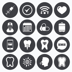 Tooth, dental care icons. Stomatology signs.