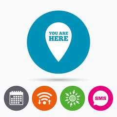 You are here sign icon. Info speech bubble.