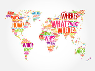 Fototapeta na wymiar Question Words World Map in Typography, words cloud business concept background
