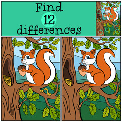 Children games: Find differences. Little cute squirrel stands on