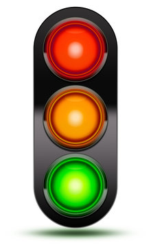 Traffic lights as found at vehicle intersections or road crossing with black shroud.