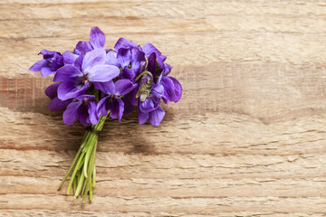 Bouquet of violet flowers (Viola Odorata) on wood
