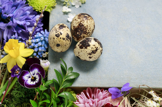 Easter decorations with springtime flowers, quail eggs and hay