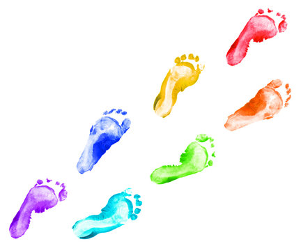 Rainbow foot prints kid colorful set isolated on white background. Many fingerprint or stamp texture artwork of kids for education and journey. Bottom view. Close up.