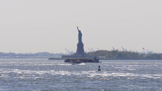 sunny day famous new york statue of liberty island river panorama 4k usa
