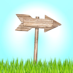 Wood sign in green grass on sky background