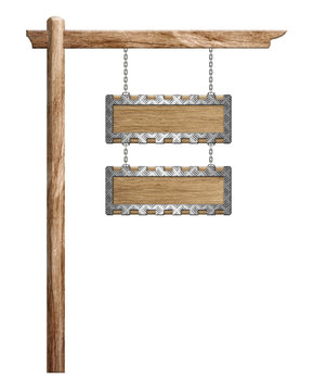 Wood Sign Hanging Suspended With Chains On Pole