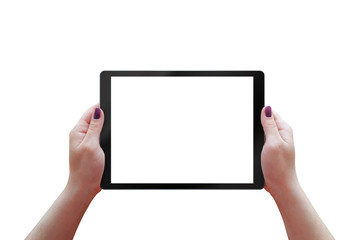 Tablet with white screen inwoman hands. Isolated tablet, horizontal, position.
