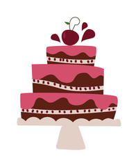 Chocolate cream birthday cake topped pie isolated with white slice and cream flowers decorated vector.