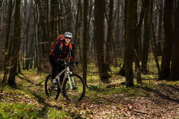 Obraz na płótnie Canvas Mountain biker riding on bike in springforest landscape. 