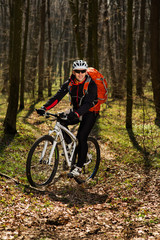 Fototapeta na wymiar Mountain biker riding on bike in springforest landscape. 