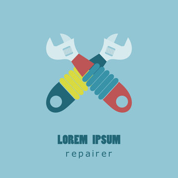 Flat style logo for the repairman. Repair work. The sign shop. V