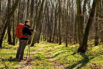 Naklejka premium Active healthy man hiking in beautiful forest