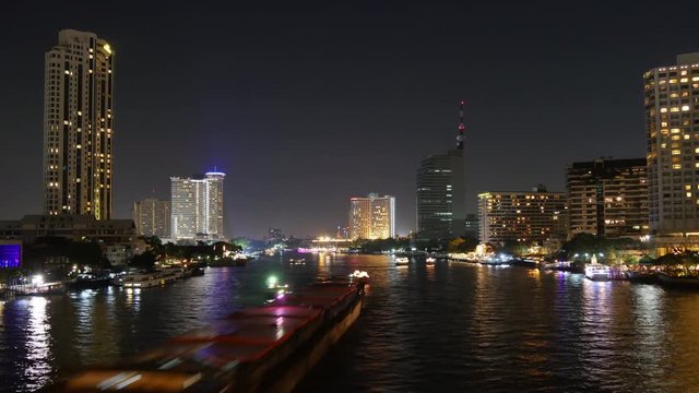 night bangkok chao phraya river traffic bridge panorama 4k time lapse thailand
