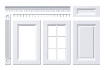 Front door, drawer, column, cornice for kitchen cabinet isolated on white