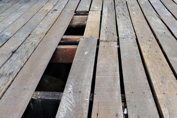 Fototapeta na wymiar Old wooden planking. Hole in old wooden floor. Broken flooring.