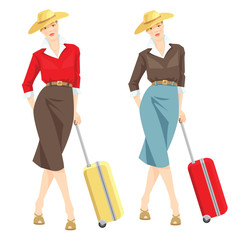 Vector illustration of woman with a suitcase going traveling isolated on white background. 