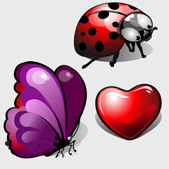 Fototapeta premium Heart, purple butterfly and funny ladybug