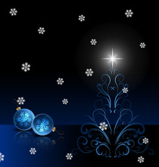 Bright Christmas background with blue evening balls and Christmas tree. Vector Illustration. EPS 10.