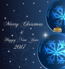 Bright Christmas background with blue evening balls and Christmas tree. Vector Illustration. EPS 10.