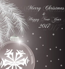 Bright Christmas background with white evening balls and Christmas tree. Vector Illustration. EPS 10.