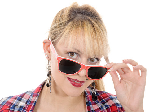 pretty young woman with red sunglasses