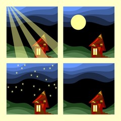 Set of four cards with cute house at night. Vector illustration.