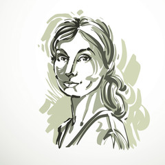 Vector art drawing, portrait of confident girl isolated on white