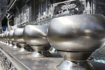Buddhist silver pots at buddhist temple, Thailand