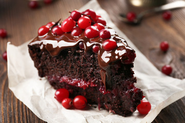 Piece of chocolate cake with cranberries on parchment, closeup
