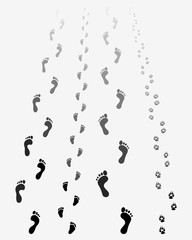 Black footprints of man, woman, child and dog, vector