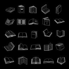 Book Icons Set-Isolated On Black Background.Vector Illustration,Graphic Design.Collection Of Different 3d Books.For Web,Website,App.Thin Line