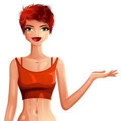 Bright drawing of red-haired sexy Caucasian lady showing with hand