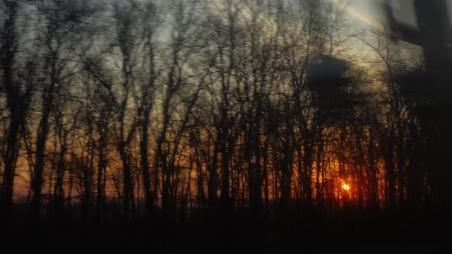 The rising sun from the window of a moving train or car