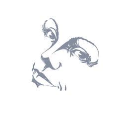 Monochrome hand-drawn silhouette of woman face, delicate features