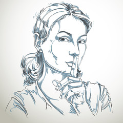 Artistic hand-drawn vector image, black and white portrait of woman