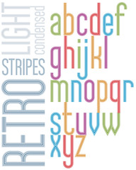 Poster light retro font with triple stripes, bright condensed letters