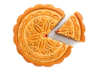 Top View Piece of Durian Mhonthong Mooncake With Egg isolated on white background