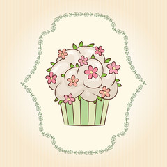 Vector cupcake with flowers and leaves. Ideal for posters, advertisements, announcements, labels, banner, menu for cafe and restaurants. Vector illustration