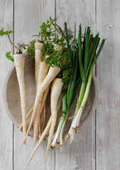 Parsley roots and scallions