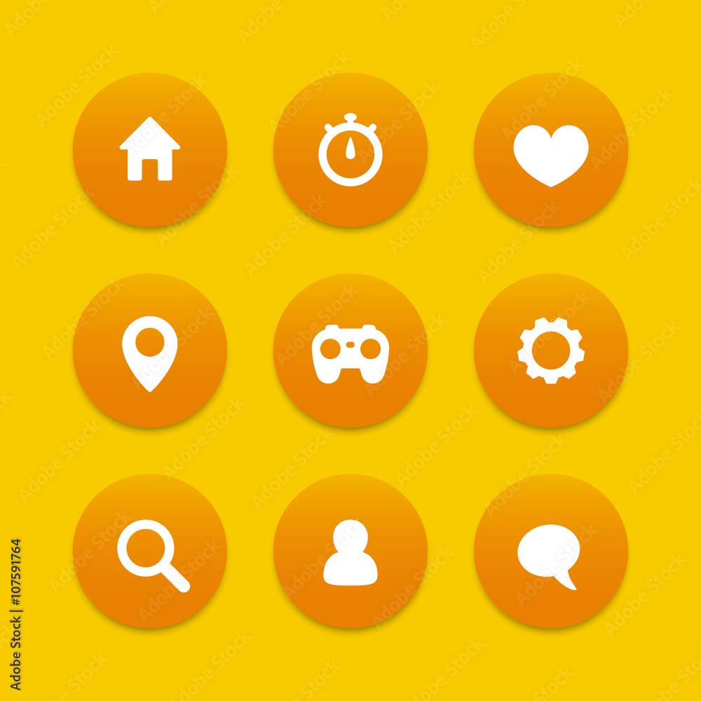 Sticker Basic web icons, settings, login icon, home, address, search, favourite, chat, round icons set, vector illustration