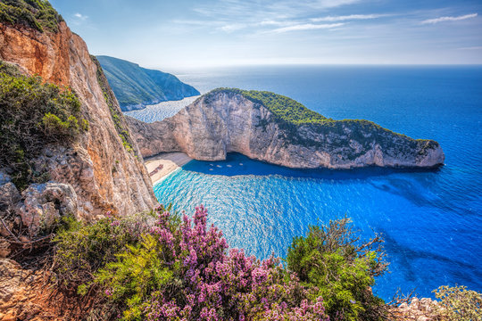 Fototapeta Navagio beach with shipwreck and flowers against sunset on Zakynthos island in Greece
