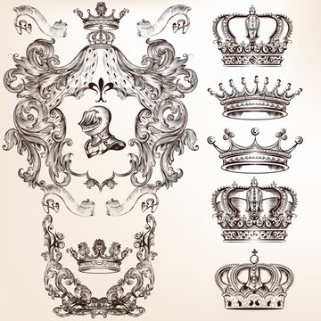 Vector set of crowns and detailed shields for your heraldic desi