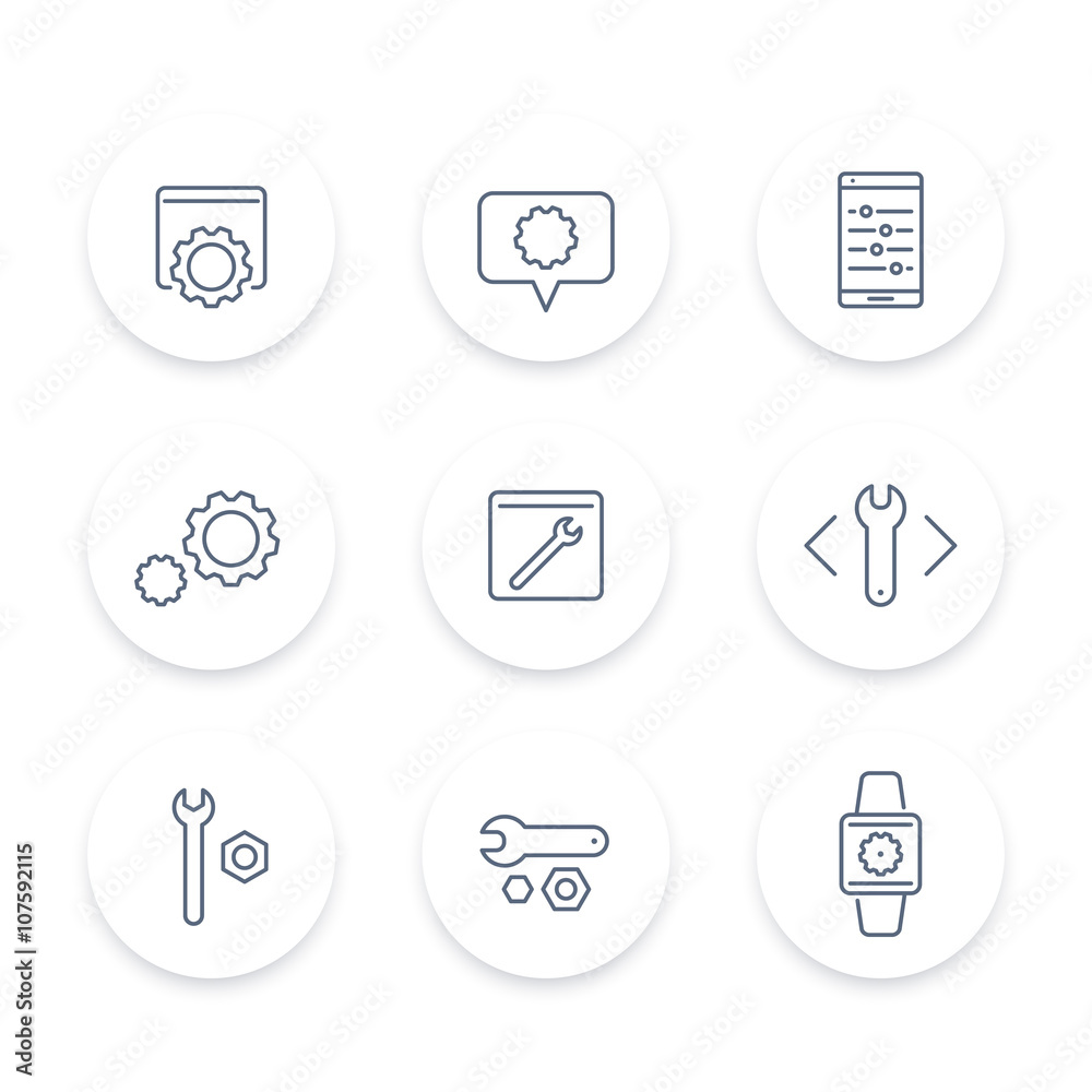 Wall mural settings, gears, tools, development line round icons, vector illustration