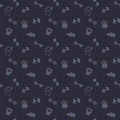 seamless pattern with gym icons, dumbbells, kettlebells, jumping rope, training shoe, dark pattern, vector illustration