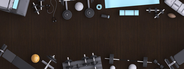 Branding mock up floor room with sports equipment.