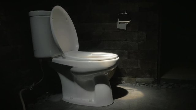 Dolly shot of a white toilet in a dark room with the lid up