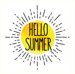 Hello summer! Vector freehand drawing with watercolor stains. Cute sun and beautiful inscription. - 107593918