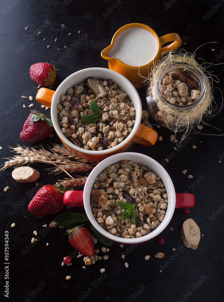 Sticker healthy breakfast of muesli with strawberries, berries, milk and